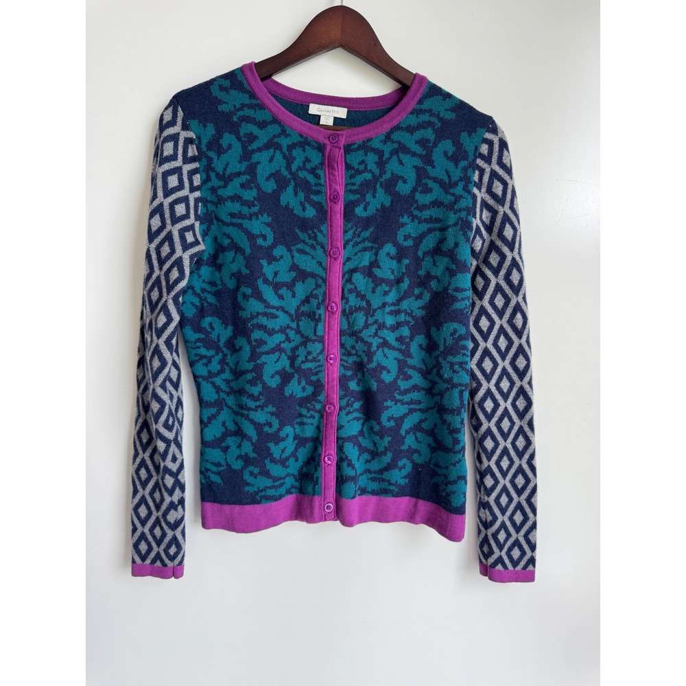 Garnet Hill Wool Cardigan Mixed Jacquard Damask Patchwork Teal Purple Small Prep